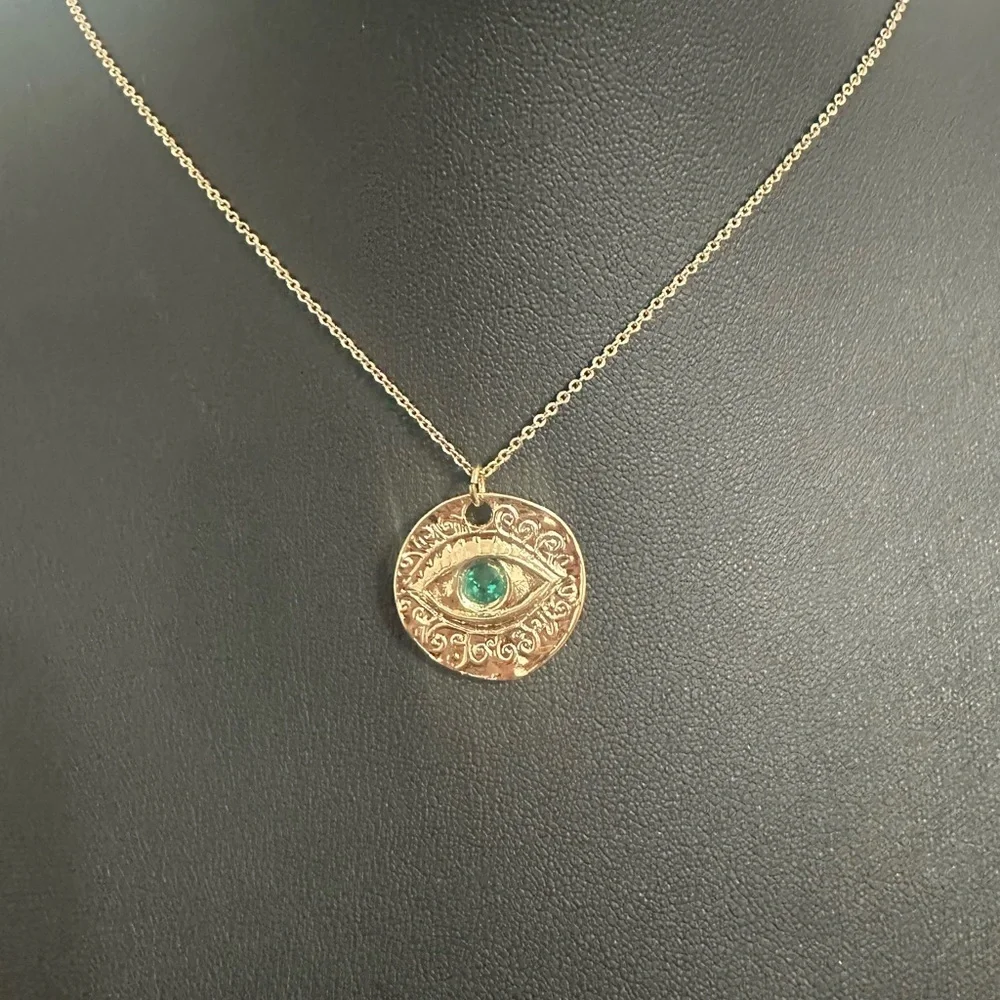 EXPRESS Gold-Tone Evil Eye Pendant Necklace – Teal Glass Center - Picture 6 of 8